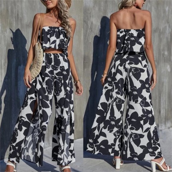 MODA ME COUTURE Pants - Black White Boho Floral sleeveless Tube Top And Pants Set cottagecore